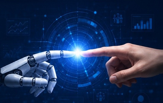 A human hand and robotic hand meeting across a glowing digital intelligence interface